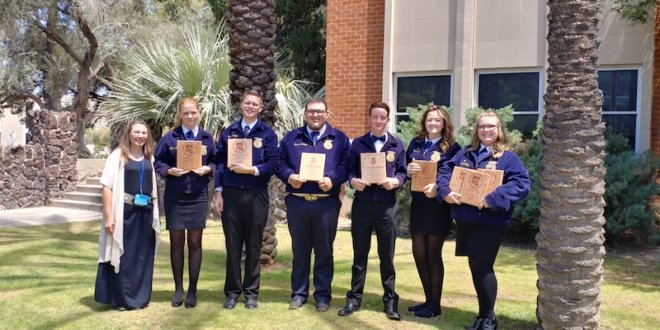 State Proficiency Award winners. Advisor Lynn Woolever Telleen, Allicia Woodring, Connor Sawyer, Brandon Salcido, Isaac Webb, Taylor Barnes and Madeline Belling. Photo courtesy of Karen Donaldson